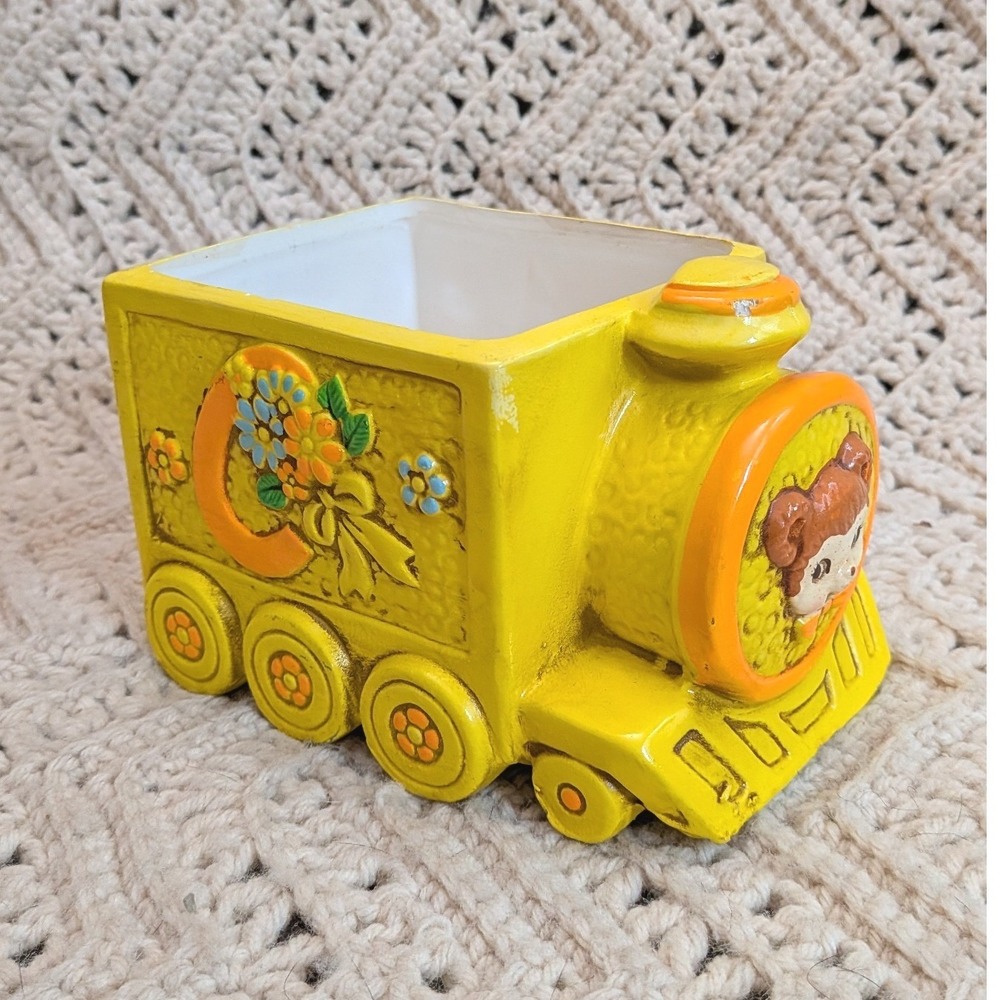 Vintage Yellow Ceramic Train Planter ABC Blocks Nursery Decor Bear Locomotive